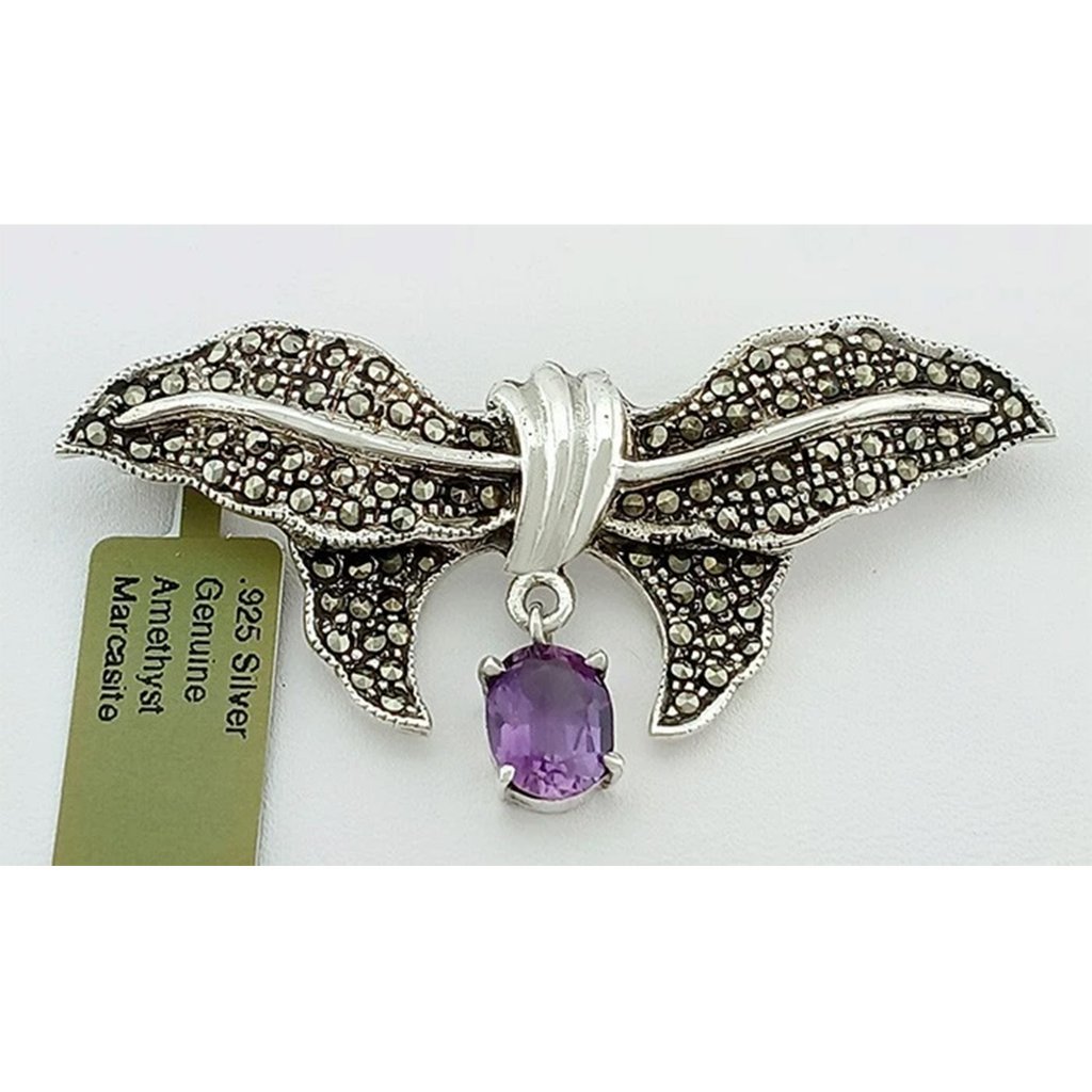 Genuine Amethyst & Marcasite Brooch Solid .925 Sterling Silver